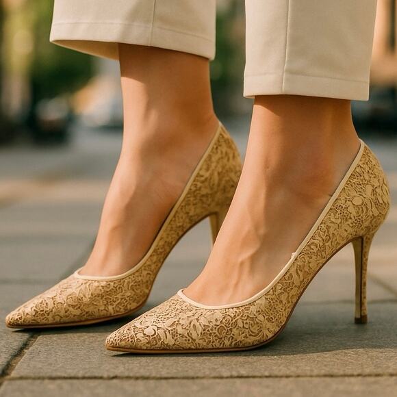 SJP Sarah Jessica Parker Fawn Cork Floral Cutout Stiletto Heels Tan EU 37 US 6.5 - Picture 11 of 11